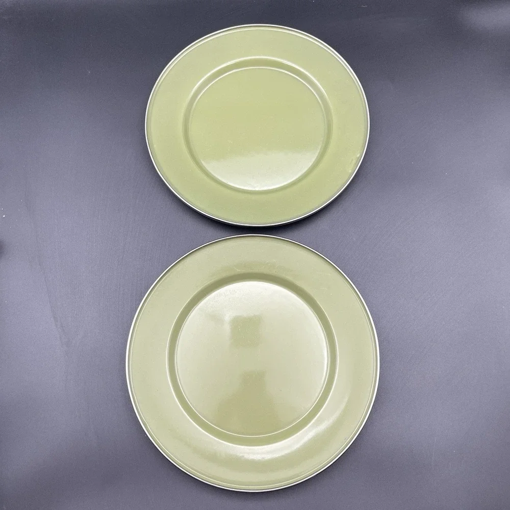 Crate & Barrel Green Enamel Metal Dinner‎ Plates Set of 2 Camping Picnic 10